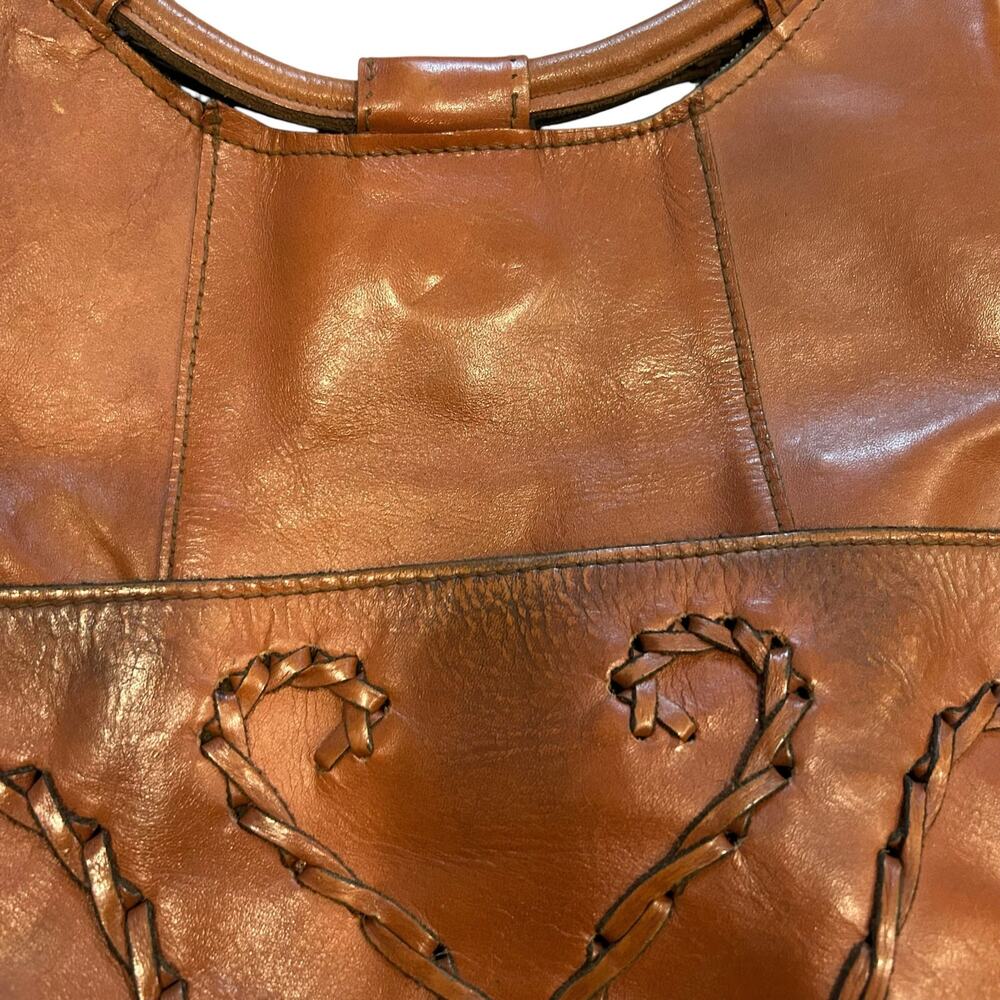 Vintage 80s Cognac Leather Hobo Shoulder Bag Whipstitch Heart Embroidery - Picture 14 of 16